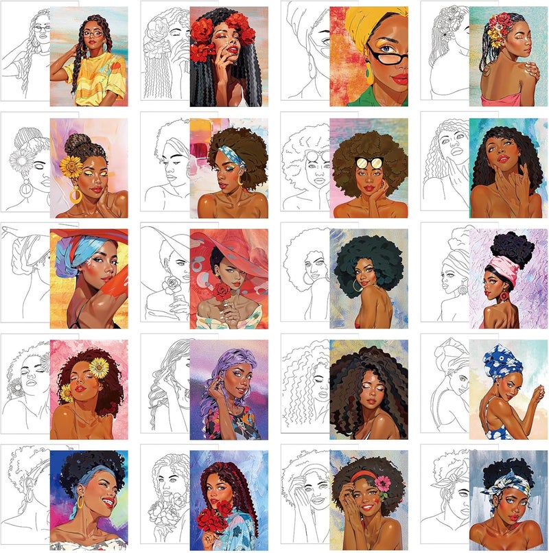 Sherr 20 Pcs Stretched Pre Drawn Canvas Afro Queen Black Art for Painting for Adults Outline Pre Drawn Stretched Cotton Canvas to Paint Party Set, 8 x 10''(Stylish) - Image 1